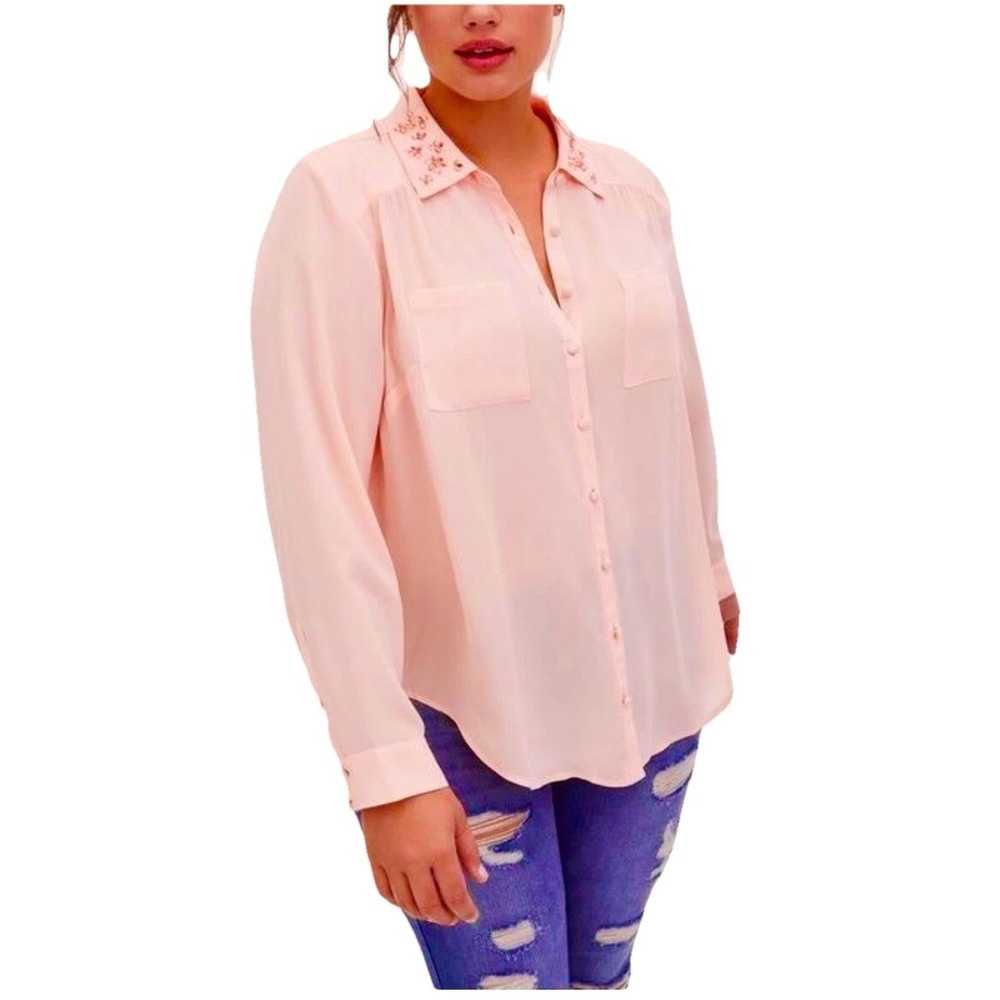 Torrid Madison Light Pink Georgette Rhinestone Collarβ Button Front Blouse 1X